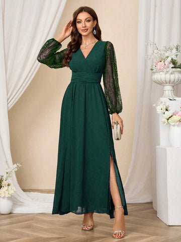 Long Sleeve V-Neck Criss-Cross Wrap High Split Solid Color Women Cocktail Party Gown Dress