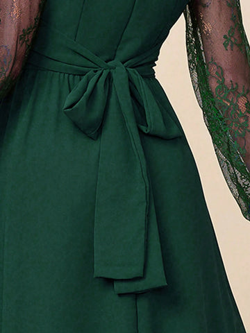 Long Sleeve V-Neck Criss-Cross Wrap High Split Solid Color Women Cocktail Party Gown Dress