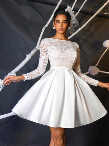 Luxurious, Elegant, Noble & Cute White Sheer Long Sleeve Sexy Open Back Stretch Floral Lace Patchwork Satin Design Bra Cup High Waist Extremely Flared Maxi Dress, Suitable For Singles Party, Wedding, Graduation, Vacation, Bride Gift Occasion