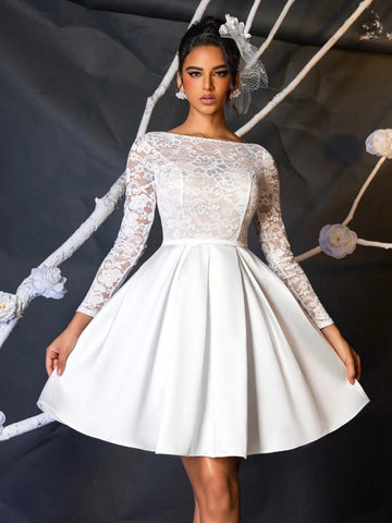 Luxurious, Elegant, Noble & Cute White Sheer Long Sleeve Sexy Open Back Stretch Floral Lace Patchwork Satin Design Bra Cup High Waist Extremely Flared Maxi Dress, Suitable For Singles Party, Wedding, Graduation, Vacation, Bride Gift Occasion