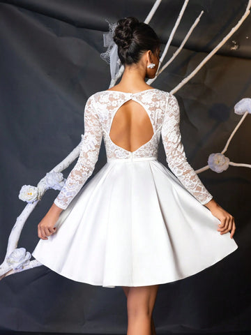 Luxurious, Elegant, Noble & Cute White Sheer Long Sleeve Sexy Open Back Stretch Floral Lace Patchwork Satin Design Bra Cup High Waist Extremely Flared Maxi Dress, Suitable For Singles Party, Wedding, Graduation, Vacation, Bride Gift Occasion