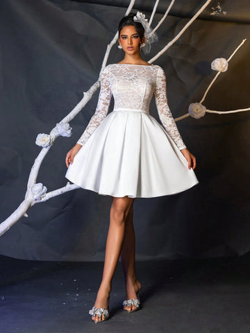 Luxurious, Elegant, Noble & Cute White Sheer Long Sleeve Sexy Open Back Stretch Floral Lace Patchwork Satin Design Bra Cup High Waist Extremely Flared Maxi Dress, Suitable For Singles Party, Wedding, Graduation, Vacation, Bride Gift Occasion