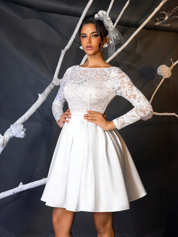 Luxurious, Elegant, Noble & Cute White Sheer Long Sleeve Sexy Open Back Stretch Floral Lace Patchwork Satin Design Bra Cup High Waist Extremely Flared Maxi Dress, Suitable For Singles Party, Wedding, Graduation, Vacation, Bride Gift Occasion