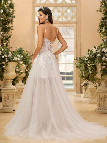 Luxurious Handmade Beaded Lace Sheer Bodice And Back With Boning Detailing, Wide Umbrella Train Bridal Gown For Women