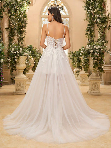 Luxurious Handmade Beaded Lace Sheer Bodice And Back With Boning Detailing, Wide Umbrella Train Bridal Gown For Women