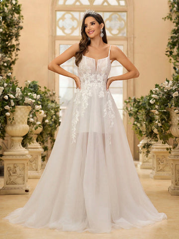 Luxurious Handmade Beaded Lace Sheer Bodice And Back With Boning Detailing, Wide Umbrella Train Bridal Gown For Women