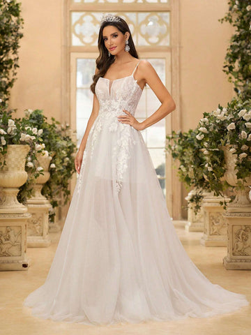 Luxurious Handmade Beaded Lace Sheer Bodice And Back With Boning Detailing, Wide Umbrella Train Bridal Gown For Women