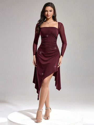 Luxury Asymmetrical Hem Sparkly Square Neck Long Sleeve Ball Gown Dress For Women (Heavy Embellishment)