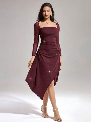 Luxury Asymmetrical Hem Sparkly Square Neck Long Sleeve Ball Gown Dress For Women (Heavy Embellishment)
