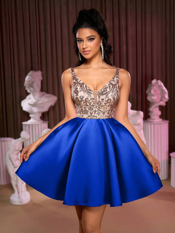 Luxury Champagne & Green V-Neck Shiny Sequined Floral Patchwork Draped Maxi Dress, Stretchy Satin Fabric, Elegant For Wedding, Party, Graduation, Prom