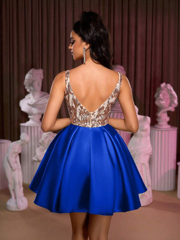 Luxury Champagne & Green V-Neck Shiny Sequined Floral Patchwork Draped Maxi Dress, Stretchy Satin Fabric, Elegant For Wedding, Party, Graduation, Prom