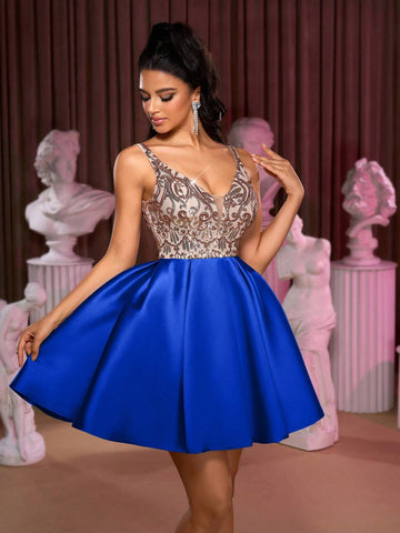 Luxury Champagne & Green V-Neck Shiny Sequined Floral Patchwork Draped Maxi Dress, Stretchy Satin Fabric, Elegant For Wedding, Party, Graduation, Prom