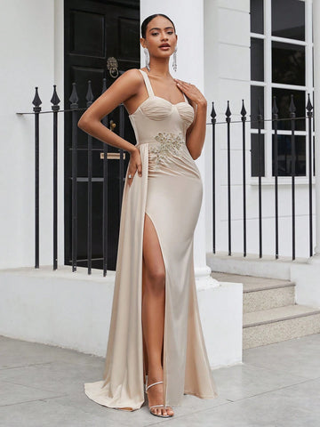 Luxury Embroidered Flower Decorated Satin Evening Dress With Draped Side Dress And Split Design