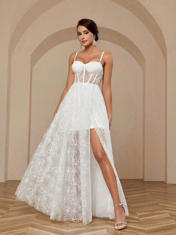 Mesh Jacquard, High Slit, Cup Detail, Large Hem Bridal Gown