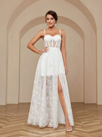 Mesh Jacquard, High Slit, Cup Detail, Large Hem Bridal Gown