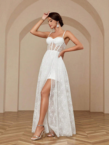 Mesh Jacquard, High Slit, Cup Detail, Large Hem Bridal Gown