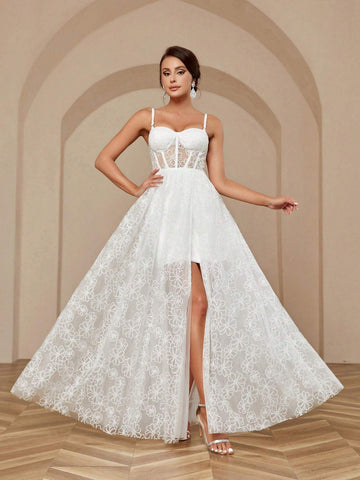 Mesh Jacquard, High Slit, Cup Detail, Large Hem Bridal Gown