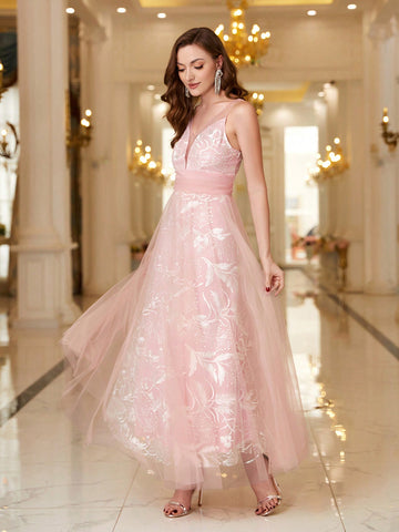 Mesh Splicing Jacquard Sleeveless High Waist Bridesmaid Dress