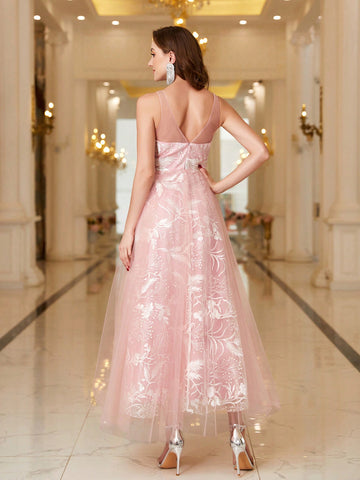 Mesh Splicing Jacquard Sleeveless High Waist Bridesmaid Dress