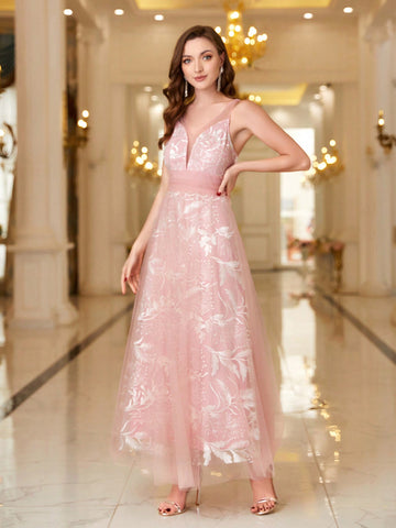 Mesh Splicing Jacquard Sleeveless High Waist Bridesmaid Dress