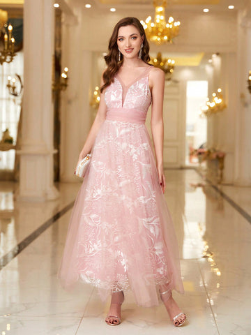 Mesh Splicing Jacquard Sleeveless High Waist Bridesmaid Dress