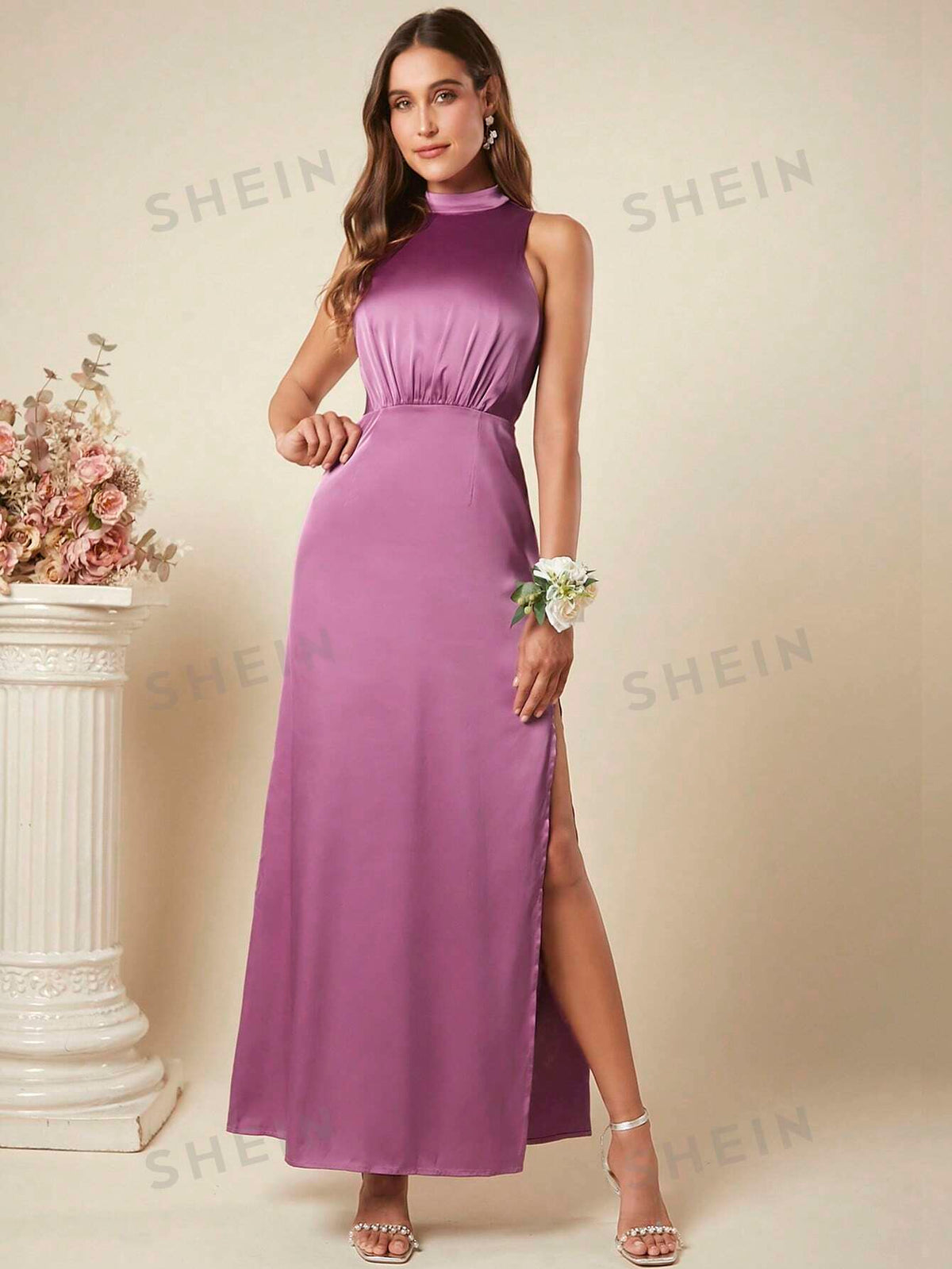 Mock Neck Split Thigh Solid Bridesmaid Dress