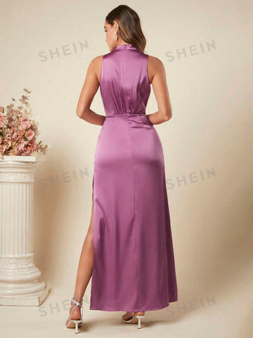 Mock Neck Split Thigh Solid Bridesmaid Dress