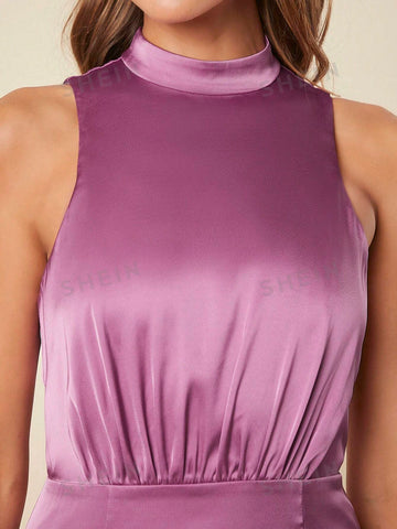 Mock Neck Split Thigh Solid Bridesmaid Dress