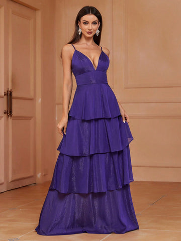 Multi-layer Hem Design Bridesmaid Dress With Shoulder Straps
