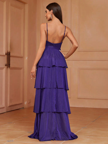 Multi-layer Hem Design Bridesmaid Dress With Shoulder Straps