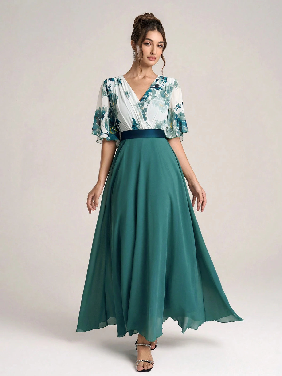 New Arrival V-Neck Patchwork Slim-Fit Midi Dress