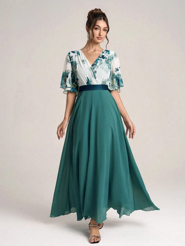 New Arrival V-Neck Patchwork Slim-Fit Midi Dress