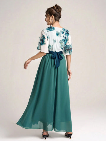 New Arrival V-Neck Patchwork Slim-Fit Midi Dress