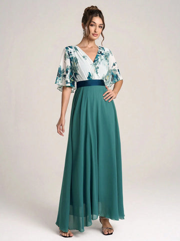 New Arrival V-Neck Patchwork Slim-Fit Midi Dress