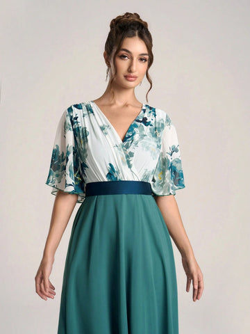 New Arrival V-Neck Patchwork Slim-Fit Midi Dress