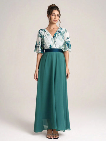 New Arrival V-Neck Patchwork Slim-Fit Midi Dress