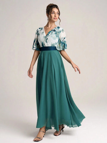 New Arrival V-Neck Patchwork Slim-Fit Midi Dress