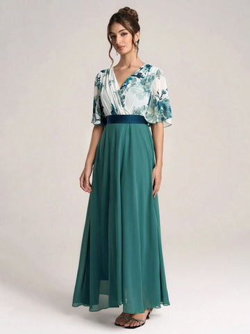 New Arrival V-Neck Patchwork Slim-Fit Midi Dress