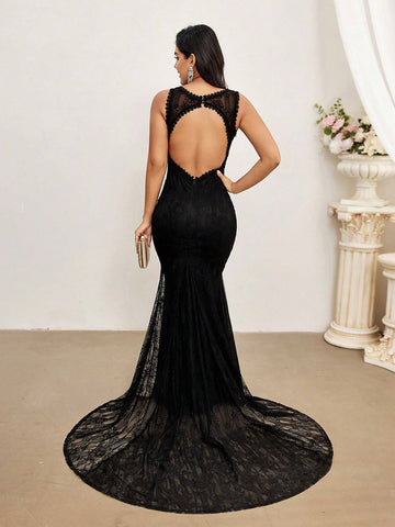 Noble And Elegant Pure White Deep V Neckline Lace Sexy Backless Romantic Women's Solid Color Stretch Lace Splicing Mesh Fishtail Mermaid Skirt With Big Swing And Tail Wedding Dress