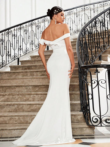 Noble Elegant And Elegant White Off-Shoulder Neckline Ruffled Sleeves Fishtail Mermaid Pleated Skirt Slit Dress Floor-Length Casual Vacation Vacation Tail Wedding Dress