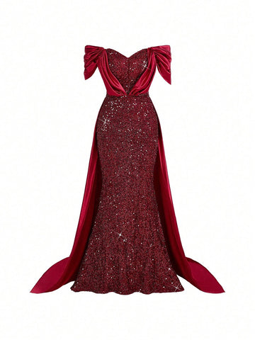 Noble Gorgeous Sexy One Shoulder Sleeve Sequin Satin Fabric Patchwork Ruffle Mermaid Evening Dress With Train