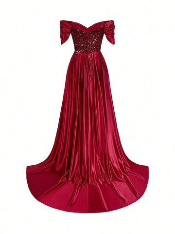 Noble Gorgeous Sexy One Shoulder Sleeve Sequin Satin Fabric Patchwork Ruffle Mermaid Evening Dress With Train