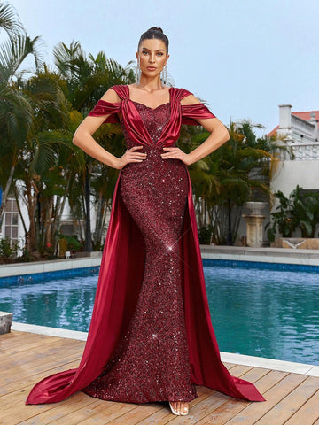Noble Gorgeous Sexy One Shoulder Sleeve Sequin Satin Fabric Patchwork Ruffle Mermaid Evening Dress With Train