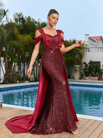 Noble Gorgeous Sexy One Shoulder Sleeve Sequin Satin Fabric Patchwork Ruffle Mermaid Evening Dress With Train