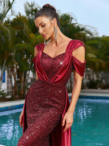 Noble Gorgeous Sexy One Shoulder Sleeve Sequin Satin Fabric Patchwork Ruffle Mermaid Evening Dress With Train