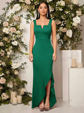 Notched Neck Ruffle Trim Wrap Hem Bridesmaid Dress