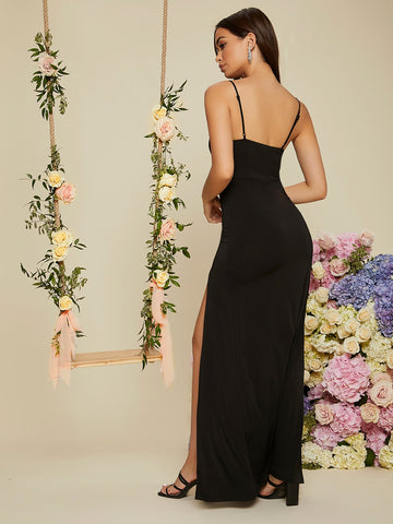 Notched Neck Slit Thigh Cami Bridesmaid Dress
