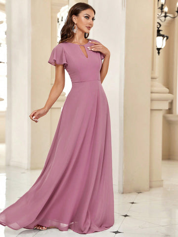 Belle Notched Neckline Butterfly Sleeve Maxi Bridesmaid Dress