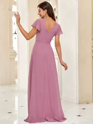 Belle Notched Neckline Butterfly Sleeve Maxi Bridesmaid Dress