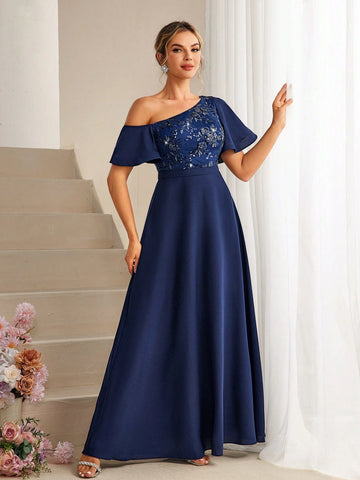Oblique-Shoulder Sequin Decor Ruffle Sleeve Stylish Maxi Dress